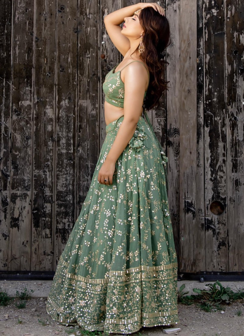 MEHENDI EMBROIDERED SEMI STITCHED ZARI WORK AND THREAD WORK WEDDING WEAR LEHENGA CHOLI