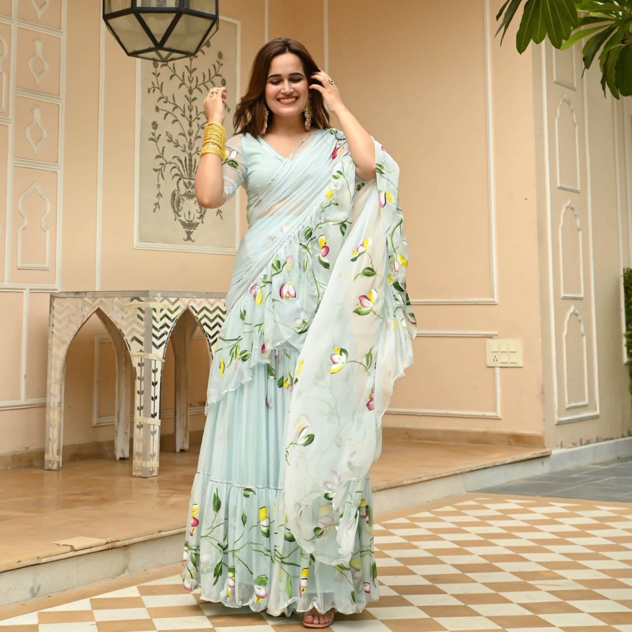 NEW DESIGNER PARTY WEAR LAHENGA SAREE WITH STICH CHOLI WITH EMBROIDERY WORK