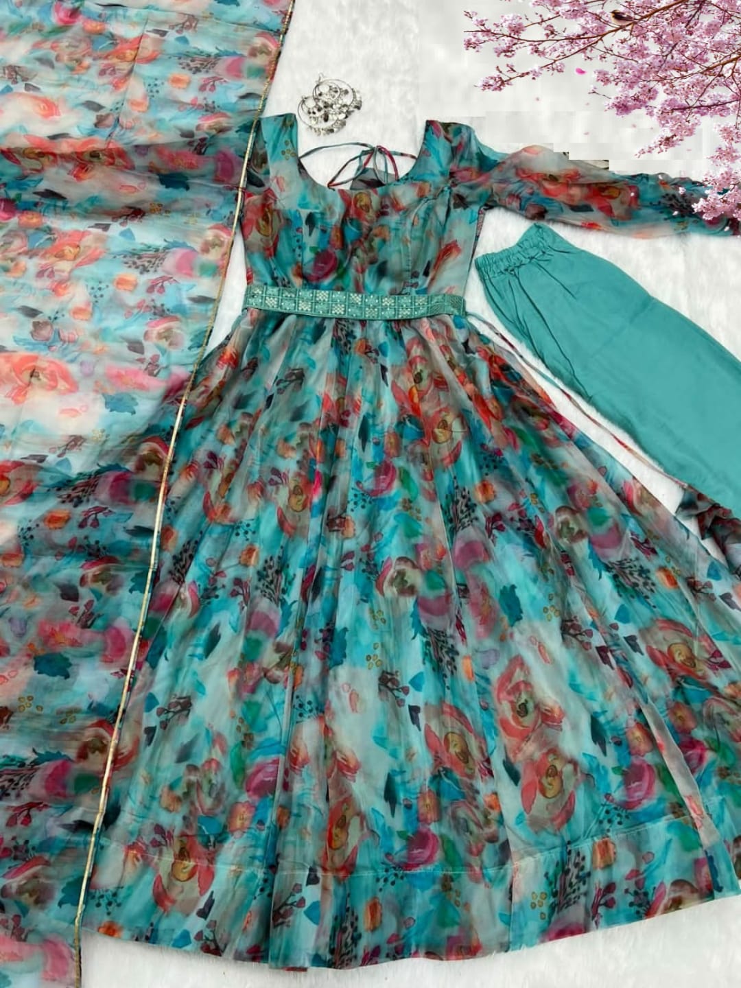Skyblue Floral Net Deisgner Collection Online Shopping Surat By Dealbazaars