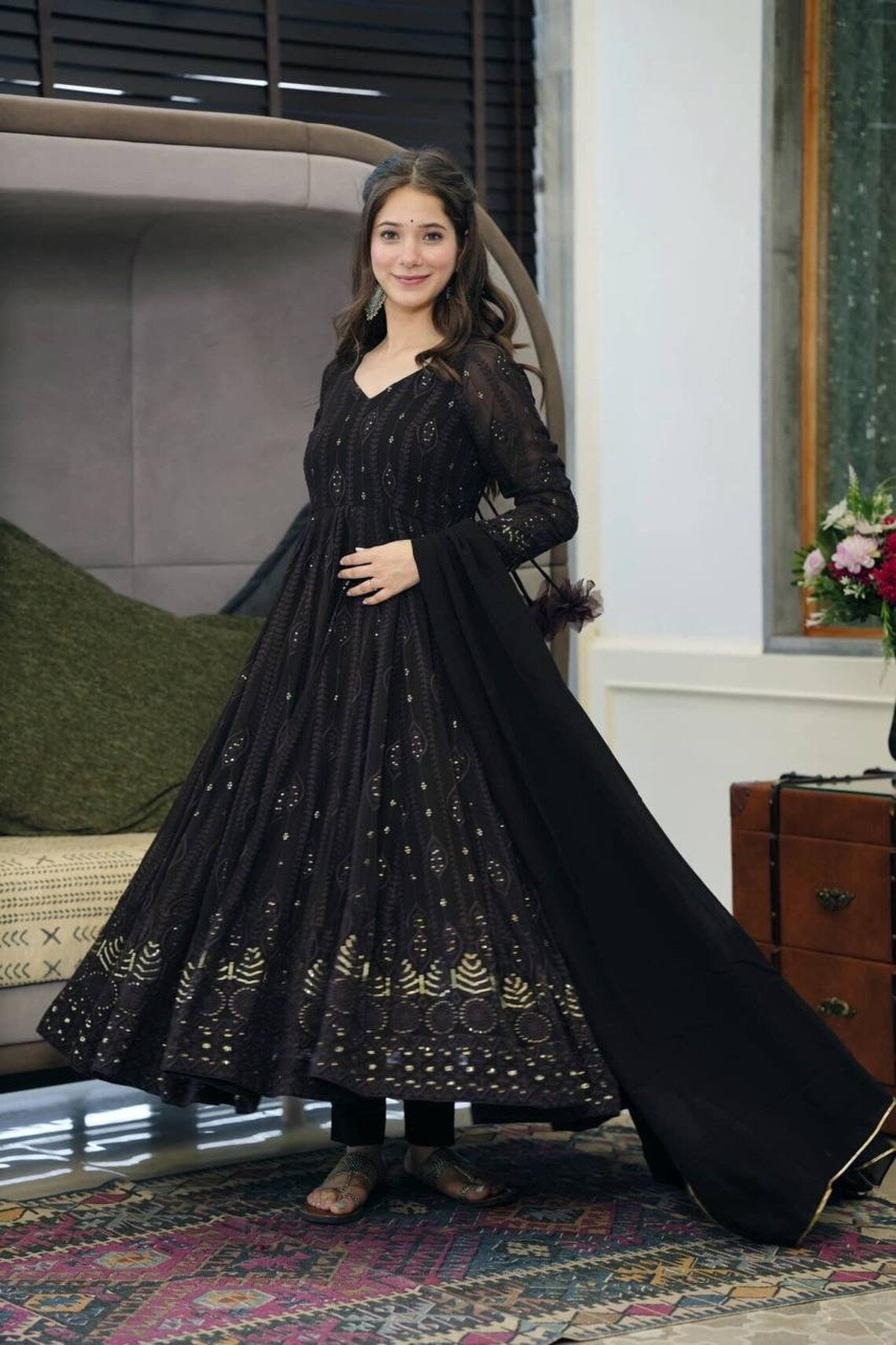 Black Georgette Heavy Embroidery Work Gown with Dupatta Bridensmind Dresses black Party Wear Gown For Woman