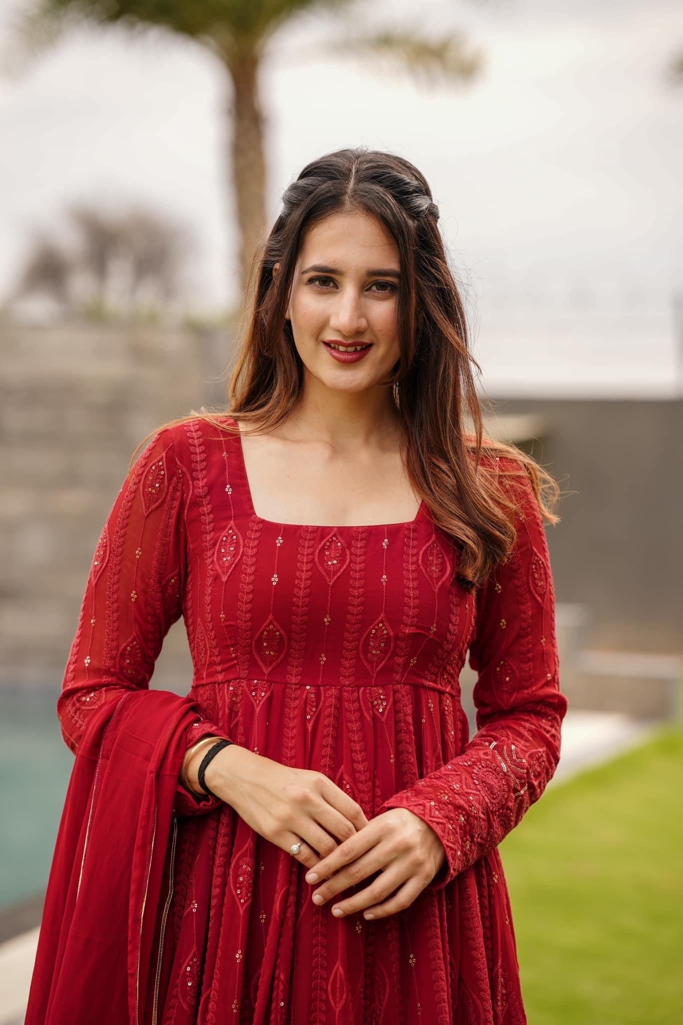 Indian Traditional Red Embroidery Anarkali Kurta Set & Dupatta with Sequin Work, Salwar Kameez Readymade Dresses, Wedding Wear for women