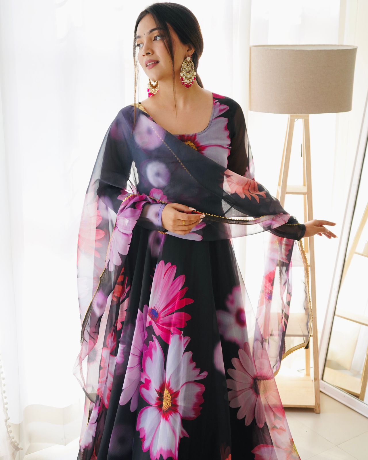 Black Trendy Style Anarkali Organza Gown New Look Attractive Georgette Beautiful Flowers Printed Kurti With Dupatta By Dealbazaars