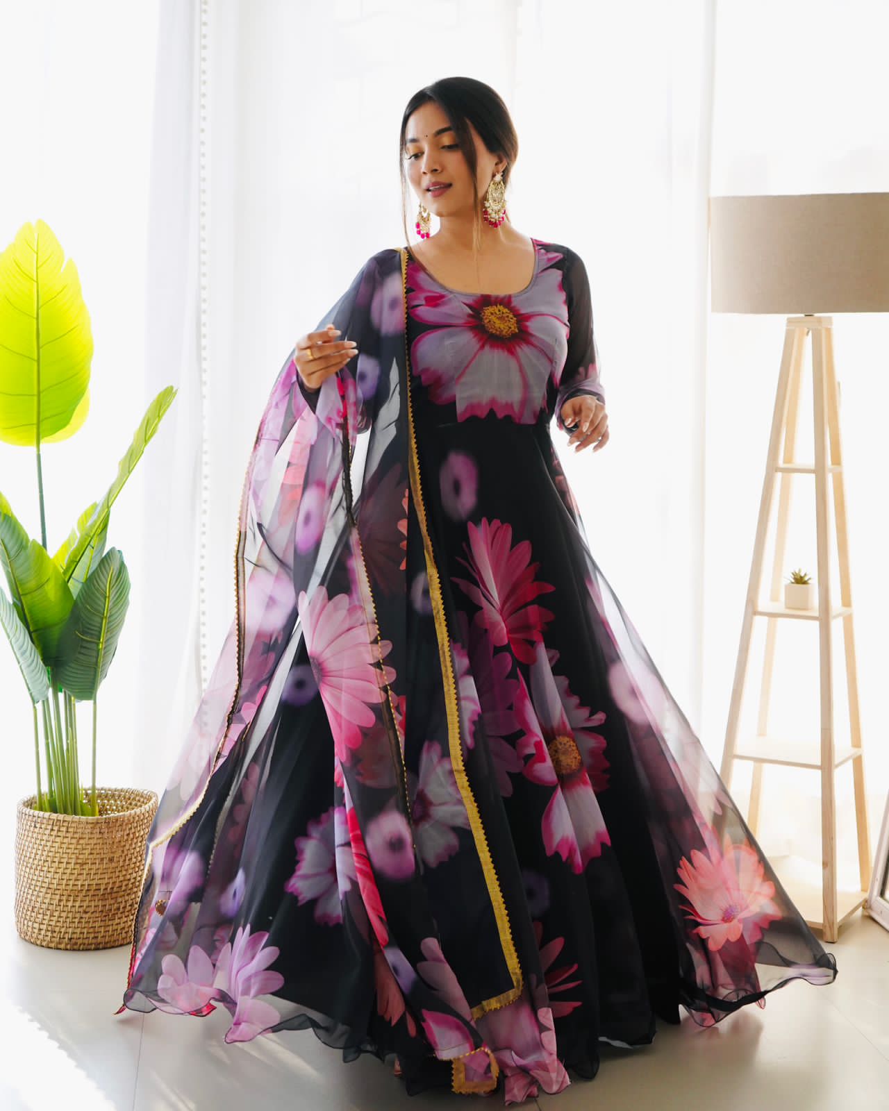 Black Trendy Style Anarkali Organza Gown New Look Attractive Georgette Beautiful Flowers Printed Kurti With Dupatta By Dealbazaars