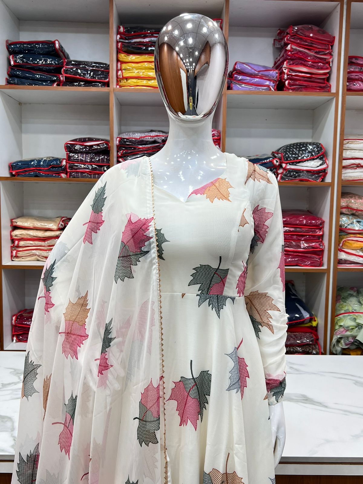 WHITE STYLE ANARKALI ,DUPPTA FULL SET WITH PENT READY TO WEAR By Dealbazaars