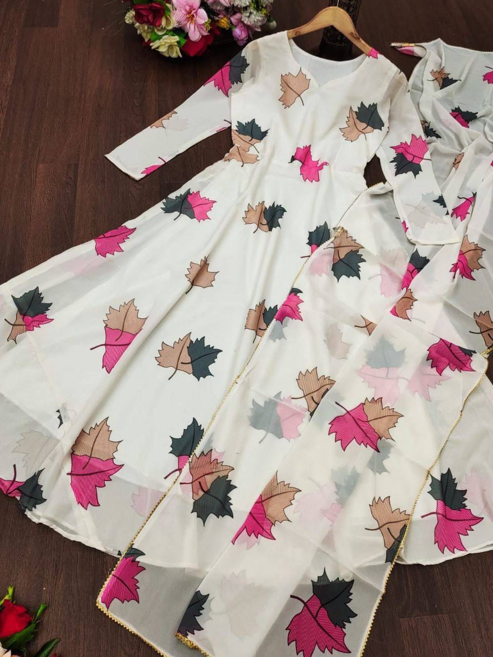 WHITE STYLE ANARKALI ,DUPPTA FULL SET WITH PENT READY TO WEAR By Dealbazaars