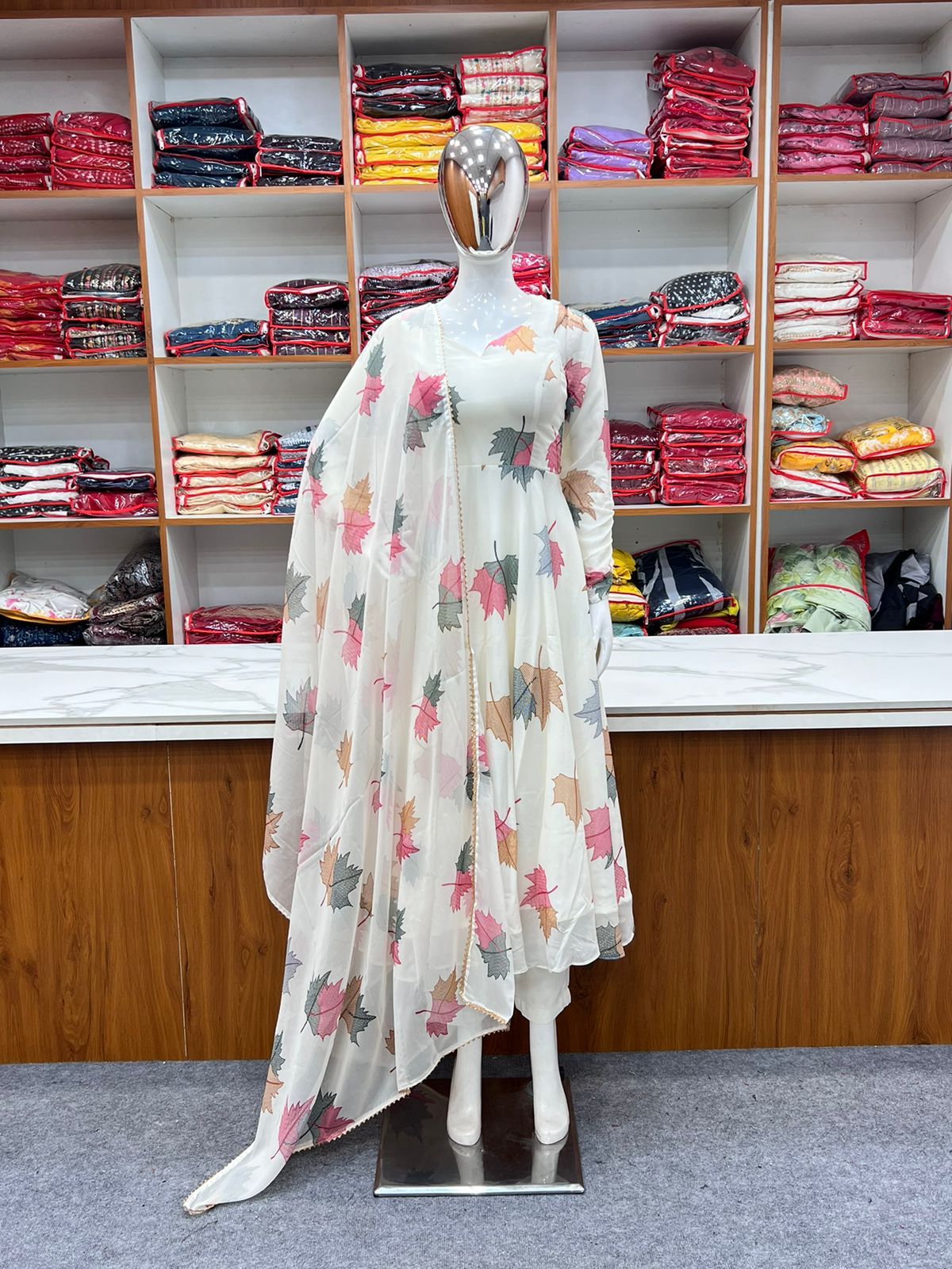 WHITE STYLE ANARKALI ,DUPPTA FULL SET WITH PENT READY TO WEAR By Dealbazaars