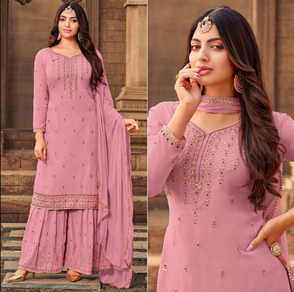 Amazing Georgette Thread Work Semi Stitched Sharara Plazzo Salwar Suit For Women