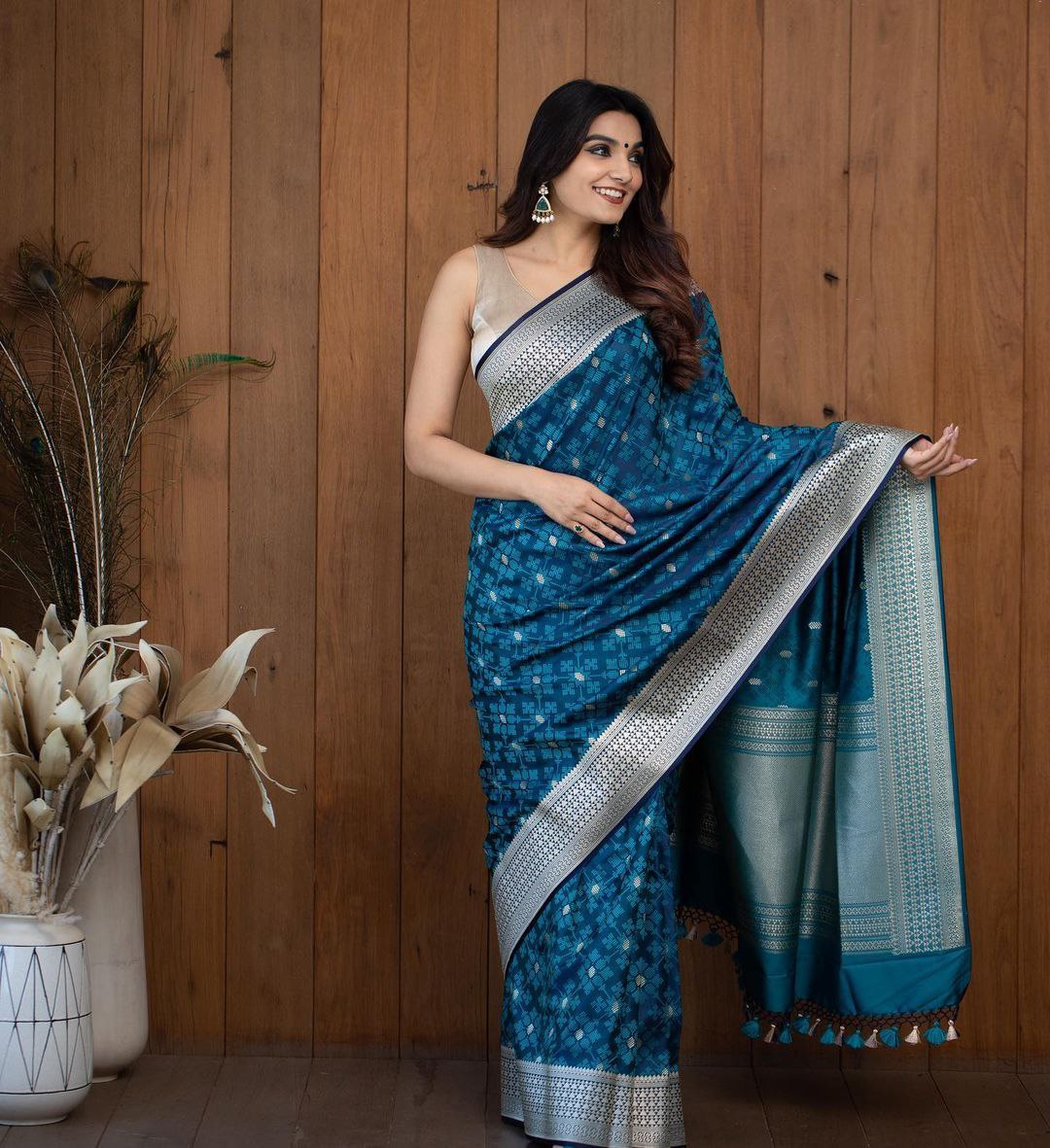 Tremendous Blue Color Wedding Wear Soft Lichi Silk Designer Jacquard Work All Over Saree With Blouse By Dealbazaars