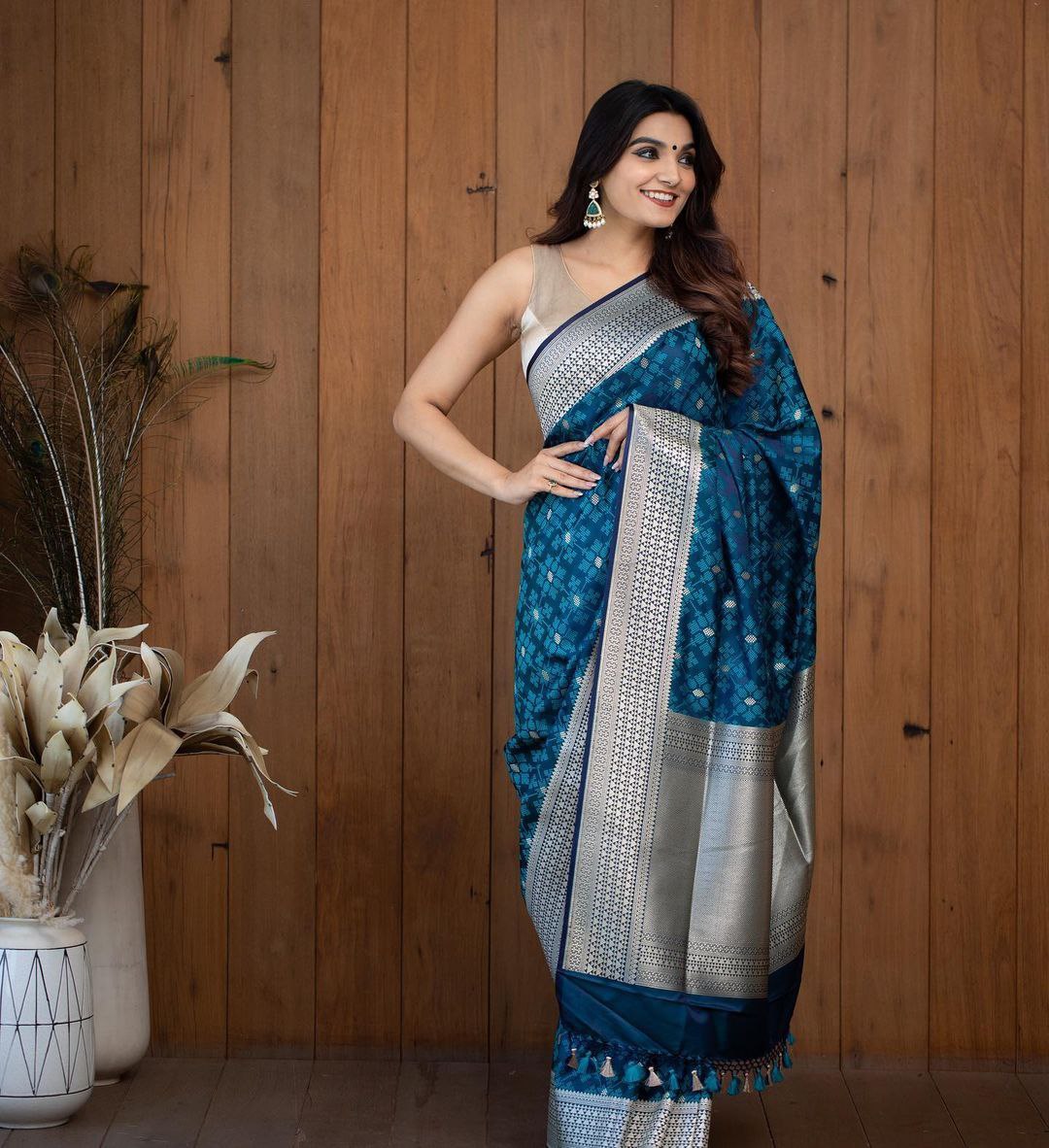 Tremendous Blue Color Wedding Wear Soft Lichi Silk Designer Jacquard Work All Over Saree With Blouse By Dealbazaars
