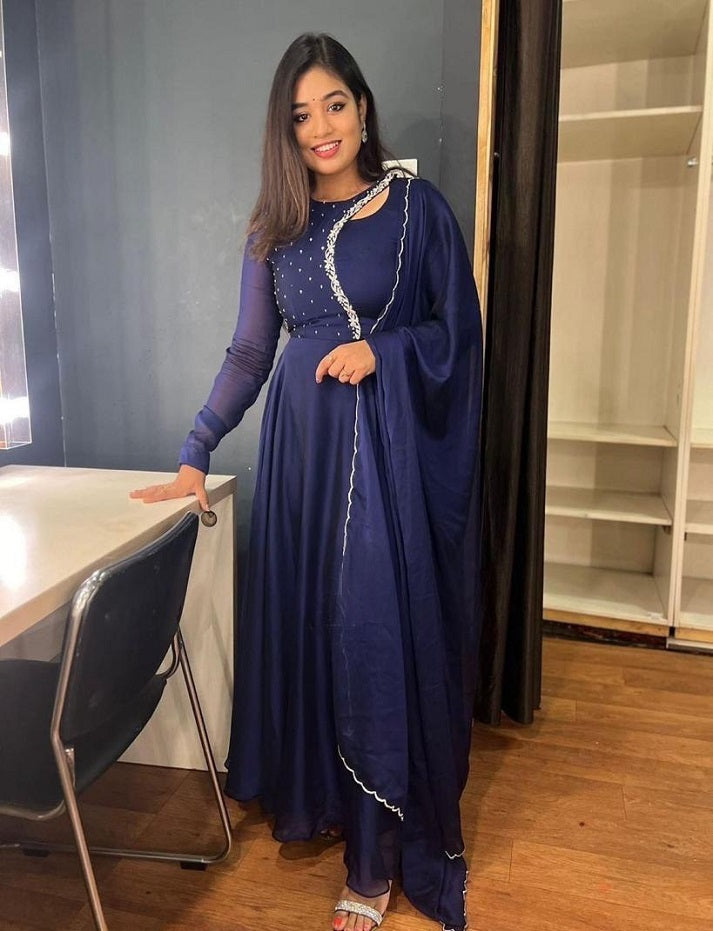 Beautiful Navy Blue Georgette Embroidered Gown Set