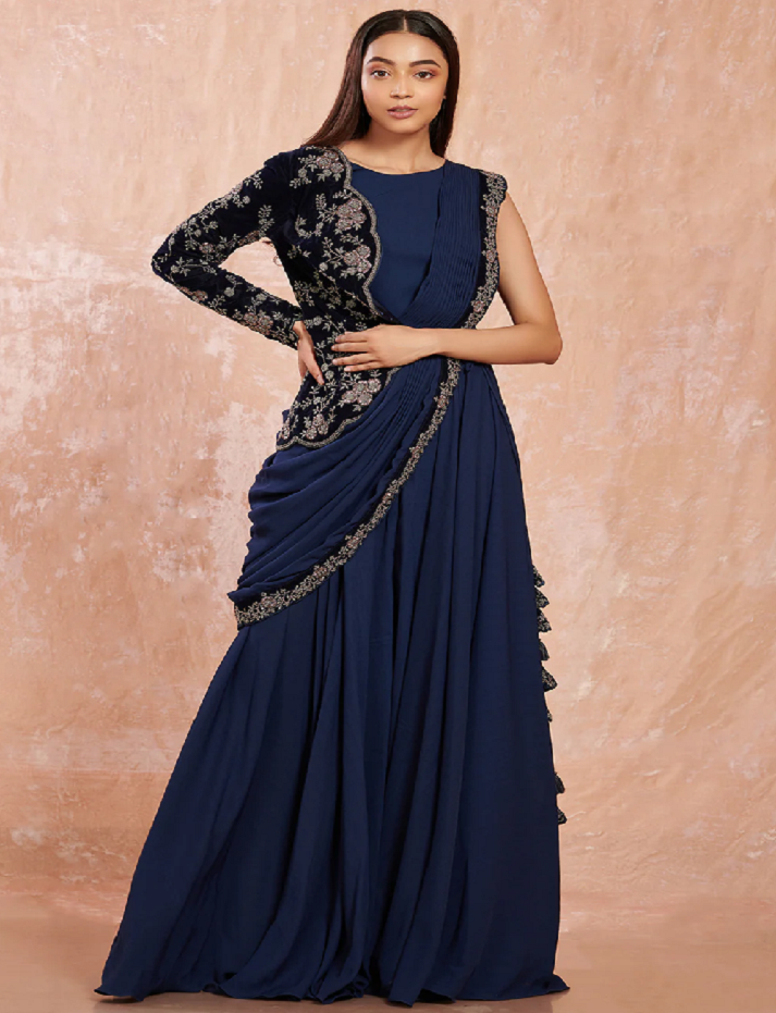 Navy Blue Georgette Saree With Fancy Half Jacket Blouse & Black Georgette Floral Border Saree