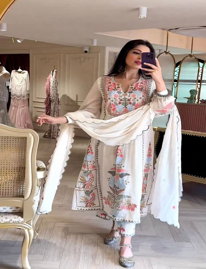 White Embroidered Heavy Georgette Kurta Set with Palazzo Pant and Dupatta