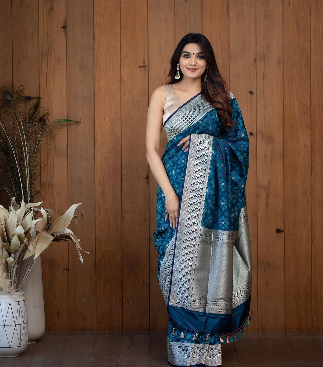 Tremendous Blue Color Wedding Wear Soft Lichi Silk Designer Jacquard Work All Over Saree With Blouse By Dealbazaars