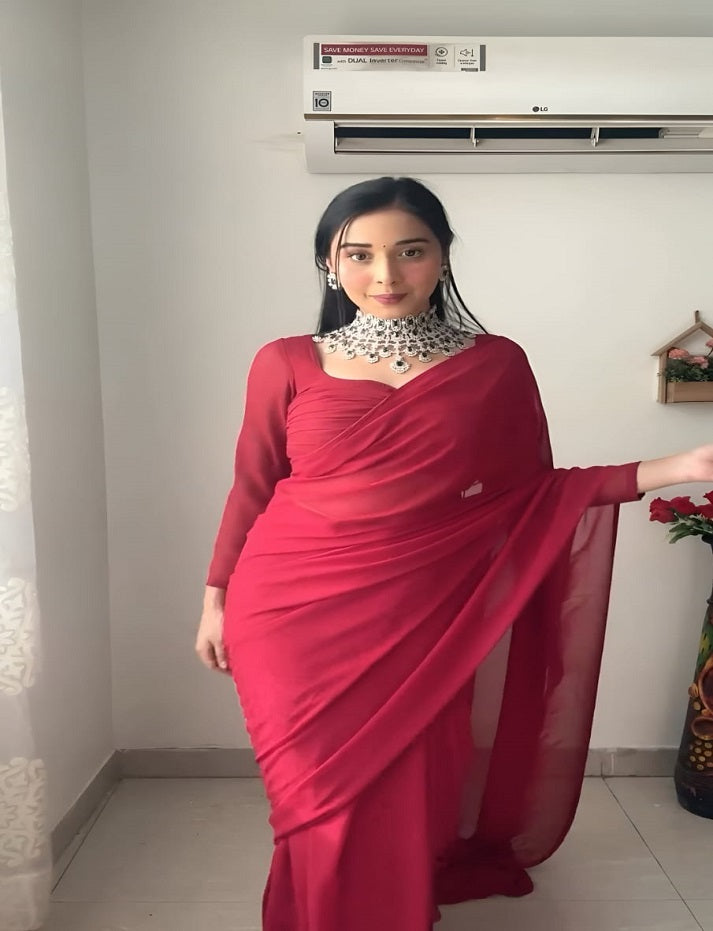 BEAUTIFUL RED FAUX GEORGETTE READY TO WEAR SAREE WITH READYMADE RUNNING BLOUSE PARTY WEAR SAREE