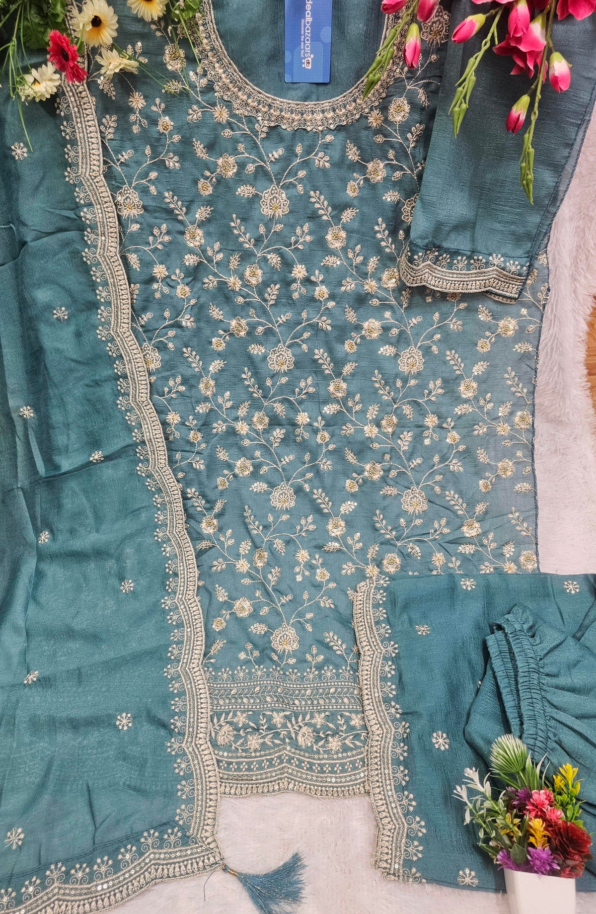 Vichitra Silk Sequence Embroidery Multi Purpose Semi-Stitched Pakistani Sharara Suit Material