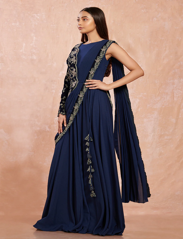 Navy Blue Georgette Saree With Fancy Half Jacket Blouse & Black Georgette Floral Border Saree