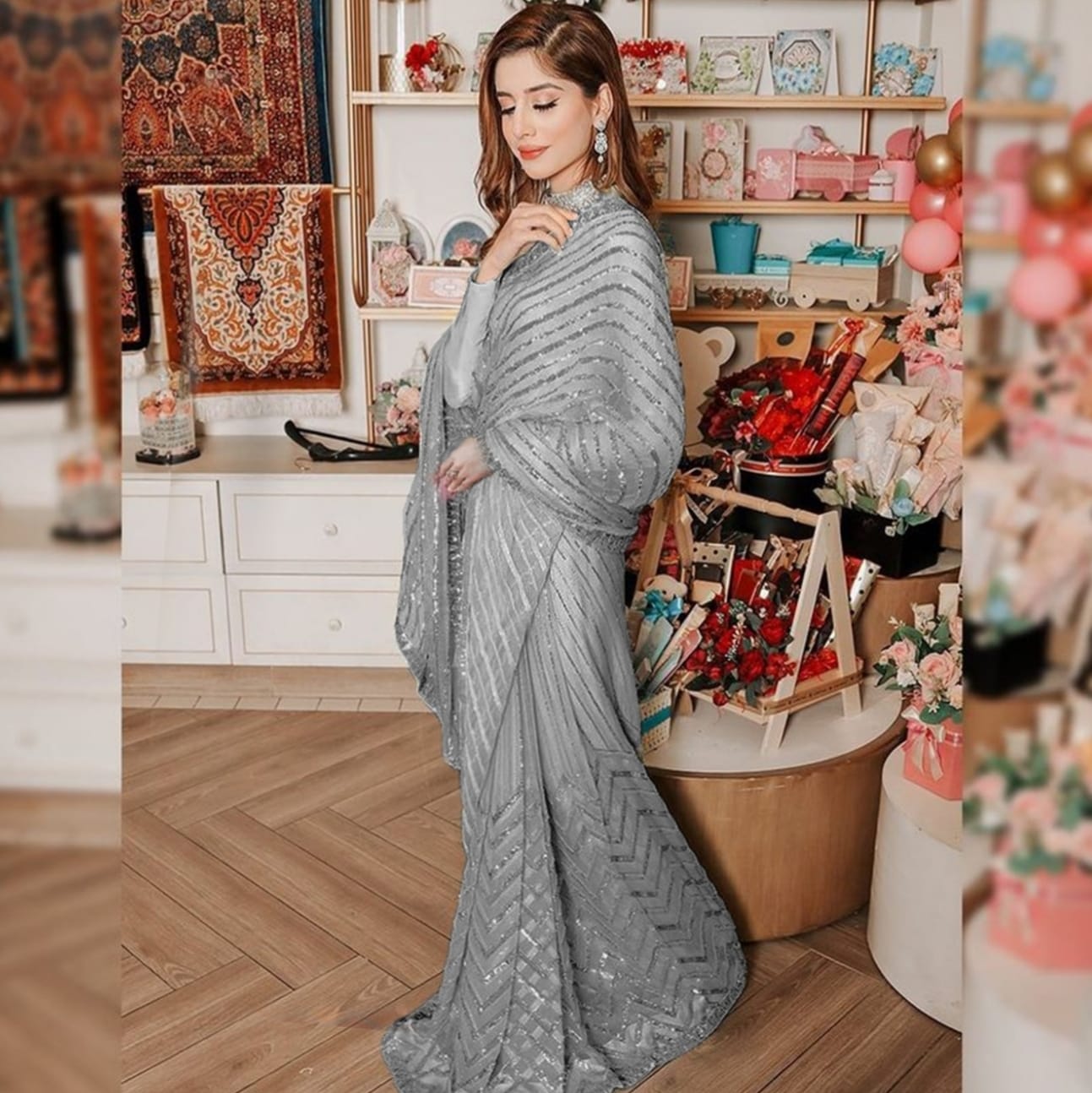 Grey Bollywood Celebrity Style Designer Sequence Lace Border Saree Indian Wedding Beautiful Saree Customize Silk Blouse With Ready To Wear Saree
