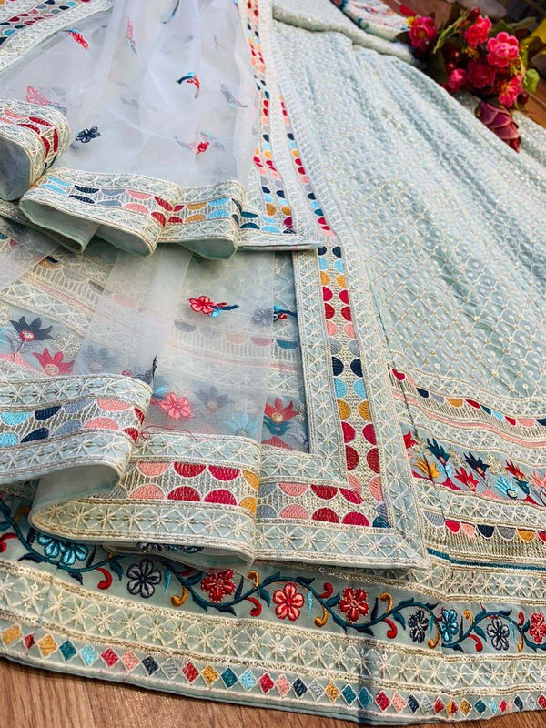 Women's Sky Blue Faux Georgette Designer Semi-stitched Lehenga Choli and Dupatta for Wedding & Haldi Function