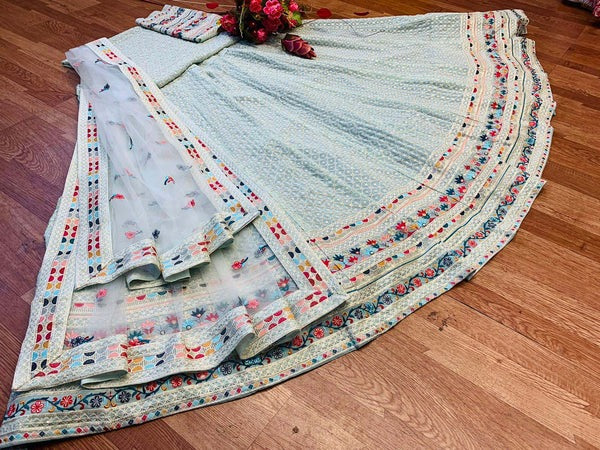 Women's Sky Blue Faux Georgette Designer Semi-stitched Lehenga Choli and Dupatta for Wedding & Haldi Function