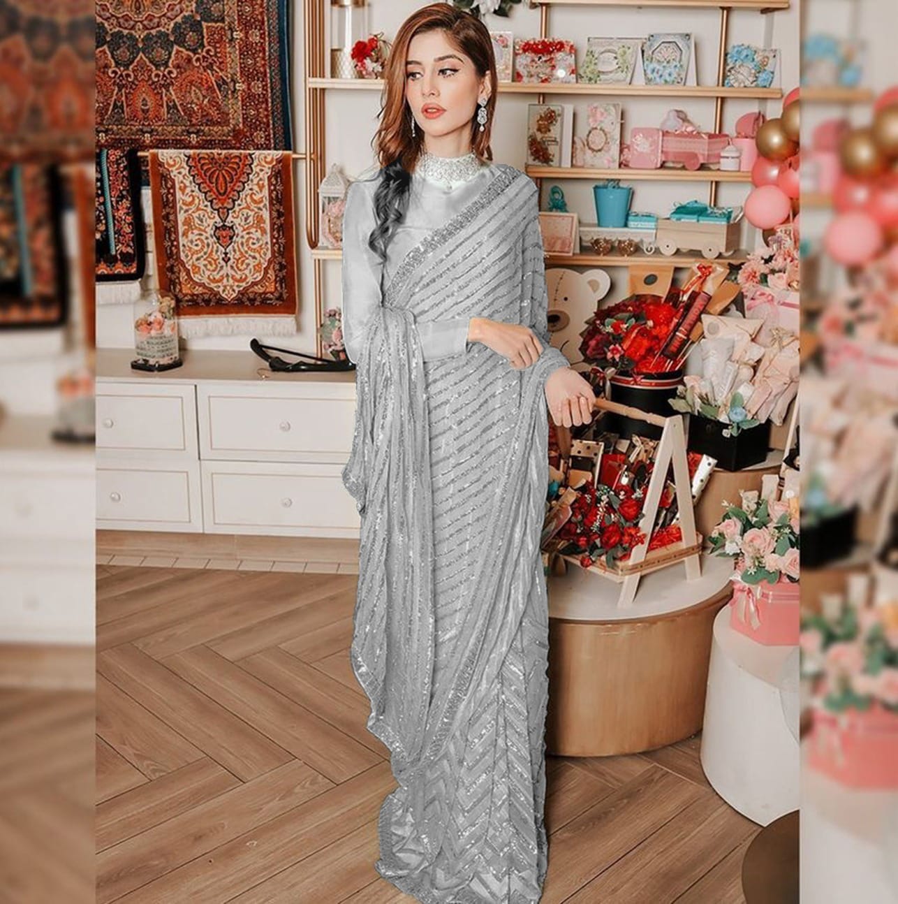 Grey Bollywood Celebrity Style Designer Sequence Lace Border Saree Indian Wedding Beautiful Saree Customize Silk Blouse With Ready To Wear Saree