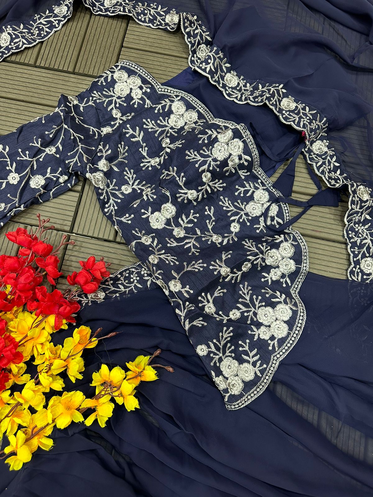 Navy Blue Georgette Saree With Fancy Half Jacket Blouse & Black Georgette Floral Border Saree