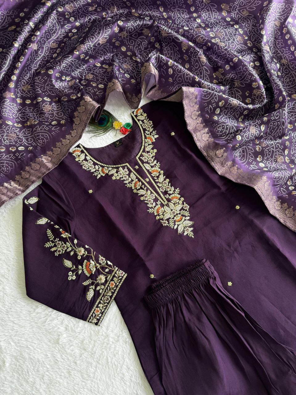 Designers Kurti Pent Dupatta Set, Premium Roman Silk & Embroidery Multy Work, Dupatta jacquard Lichi Silk jacquard With Latkan