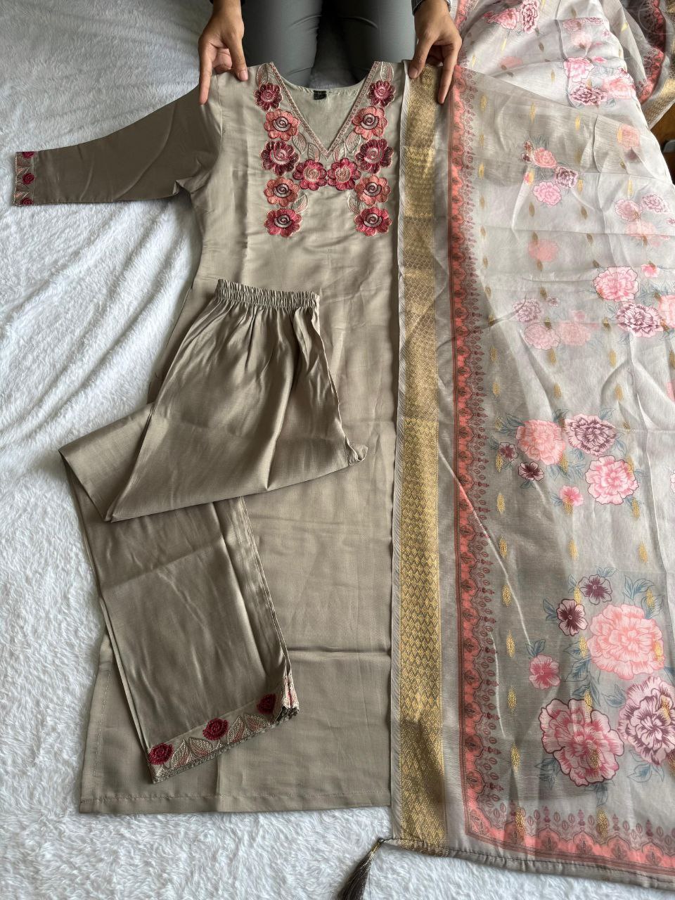 Designers Kurti Pent Dupatta Set, Premium Roman Silk, Dupatta Hevay Chanderi With Digital Print With Latkan and Kurta Embroidery MultI With Sequence Work with Cotton Inner (Full)