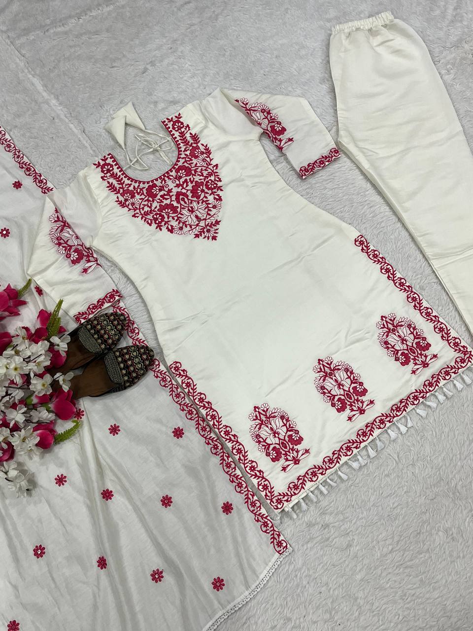 Women’s Roman Cotton Silk Pant Set with Dupatta | Heavy Thread Embroidery Work | Fully Stitched Top & Pant | Festive & Party Wear