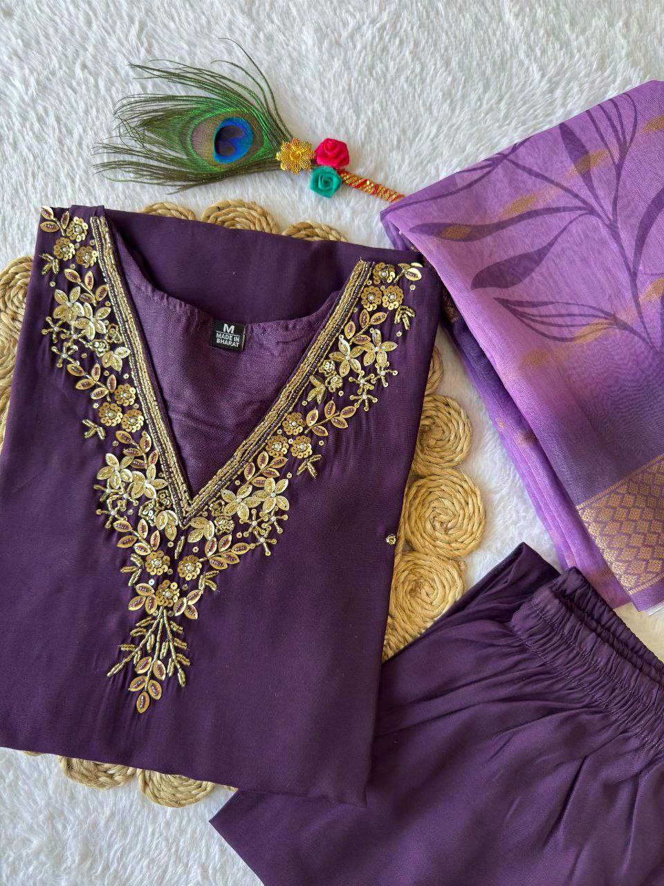 Designers Kurta Pent Set, Premium Roman Silk & Kurta Full Inner Cotton with Hand Work Neckline, Dupatta Heavy Chanderi jacquard With Digital Print With Latkan