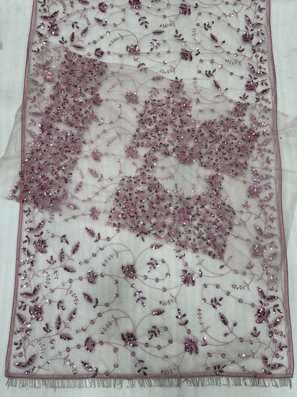 Heavy Mono Net Saree with Multicolor Sequin Embroidery & Glass Fringe Tassel Pallu