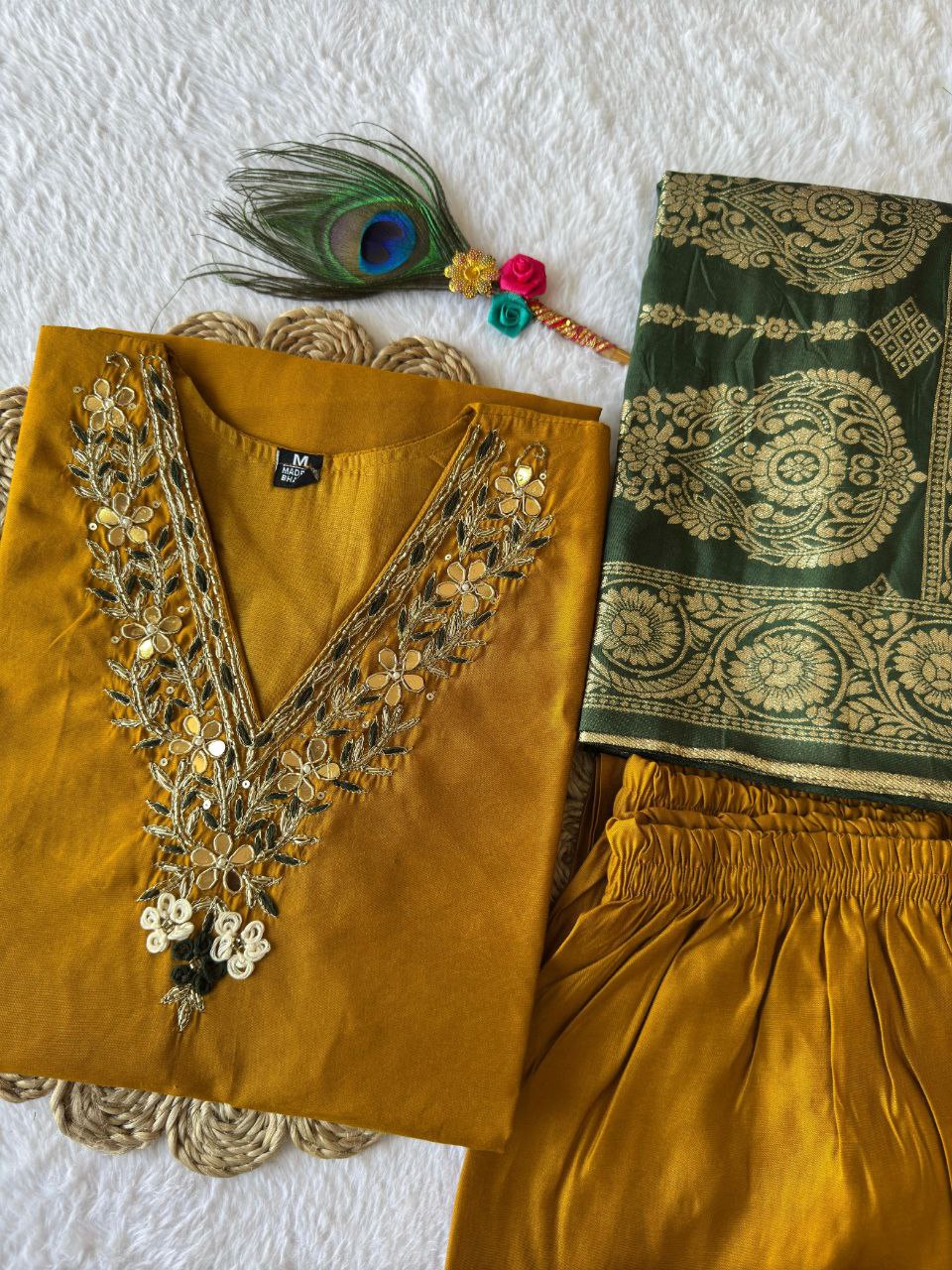 Designers Kurta Pent Set, Premium Roman Silk & Kurta Full Inner Cotton with Hand Work Neckline, Dupatta Heavy Quality Nylon Muslin jacquard With Latkan