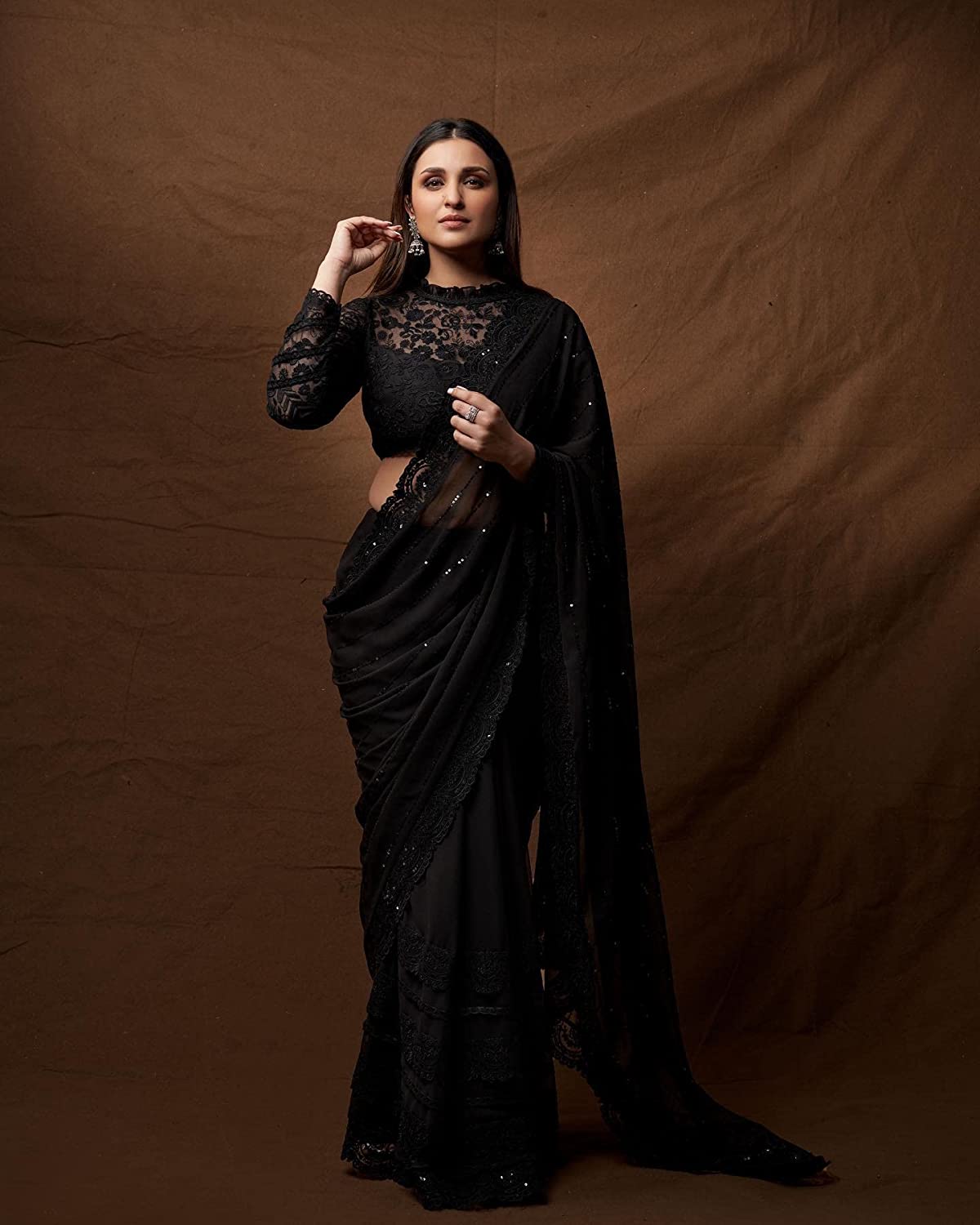 Party wear Black color Georgette Saree For Women, Bridesmaid Saree With Blouse,Sequence Saree with Embroidery Lace Border Work,Festive Saree Party wear Black color Georgette Saree For Women, Bridesmaid Saree With Blouse,Sequence Saree with Embroidery Lace Border Work,Festive Saree