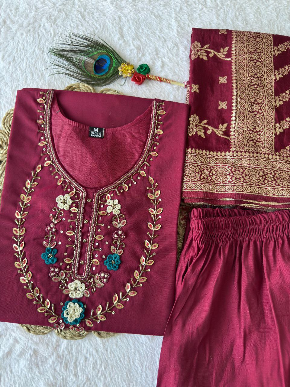 Designers Kurti Pent Dupatta Set, Premium Roman Silk, Dupatta Hevay Quality Nylon Muslin jacquard With Latkan, Hand Work, Cotton Inner (Full)