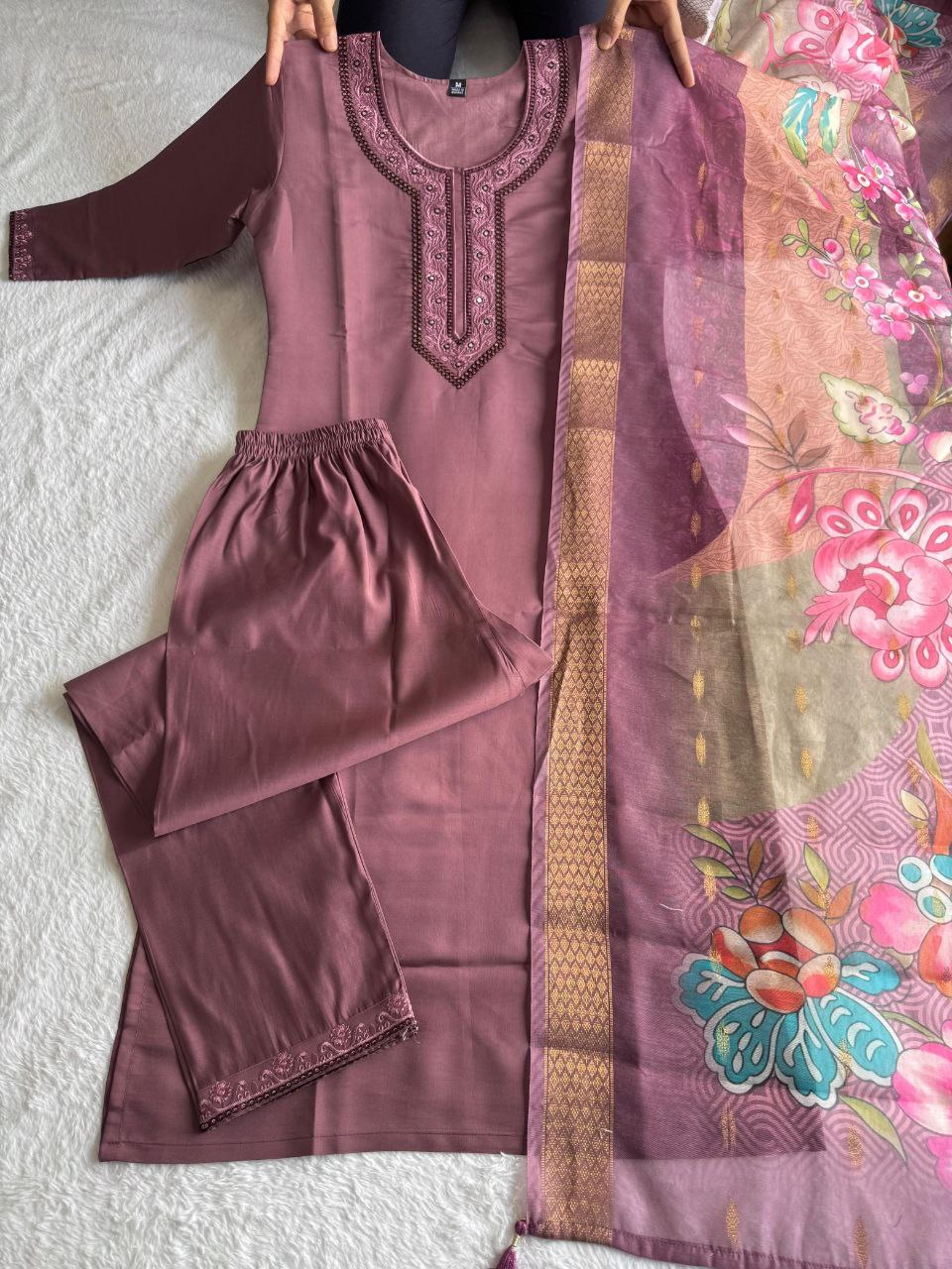 Designers Kurti Pent Dupatta Set, Premium Roman Silk, Dupatta Hevay Chanderi With Digital Print With Latkan and Kurta Embroidery MultI Work with Cotton Inner (Full)