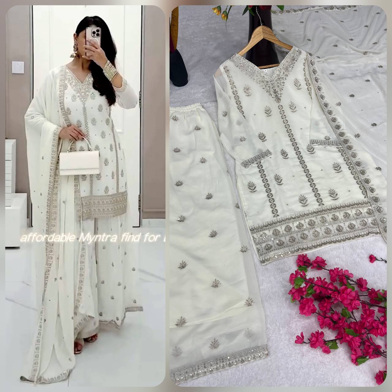 Elegant Pure Faux Georgette Silk Top & Plazzo Set with Dupatta – Multi-Needle Sequins and Zari Embroidery