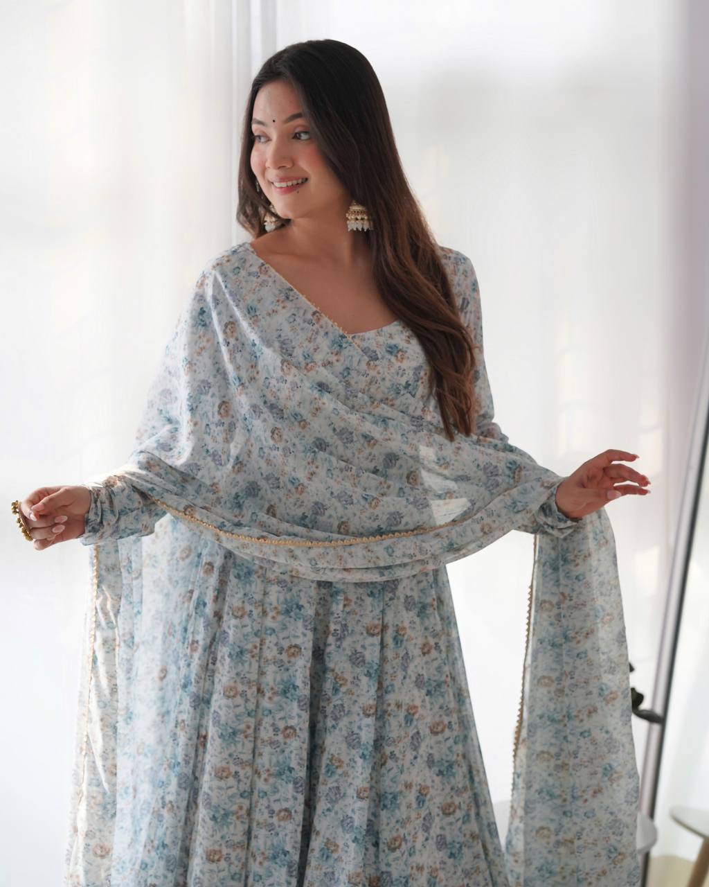 PURE CHIFFON FLORAL PRINT FABRIC FULLY FLAIR ANARKALI, WITH DUPPTA SET, PENT READY TO WEAR