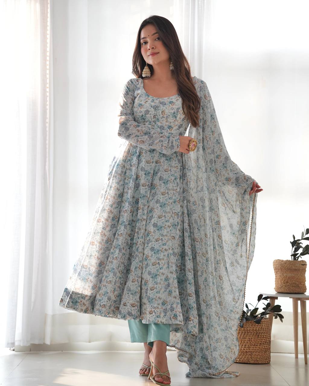 PURE CHIFFON FLORAL PRINT FABRIC FULLY FLAIR ANARKALI, WITH DUPPTA SET, PENT READY TO WEAR