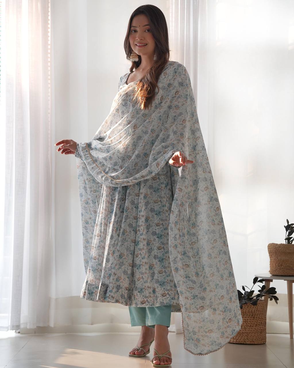 PURE CHIFFON FLORAL PRINT FABRIC FULLY FLAIR ANARKALI, WITH DUPPTA SET, PENT READY TO WEAR