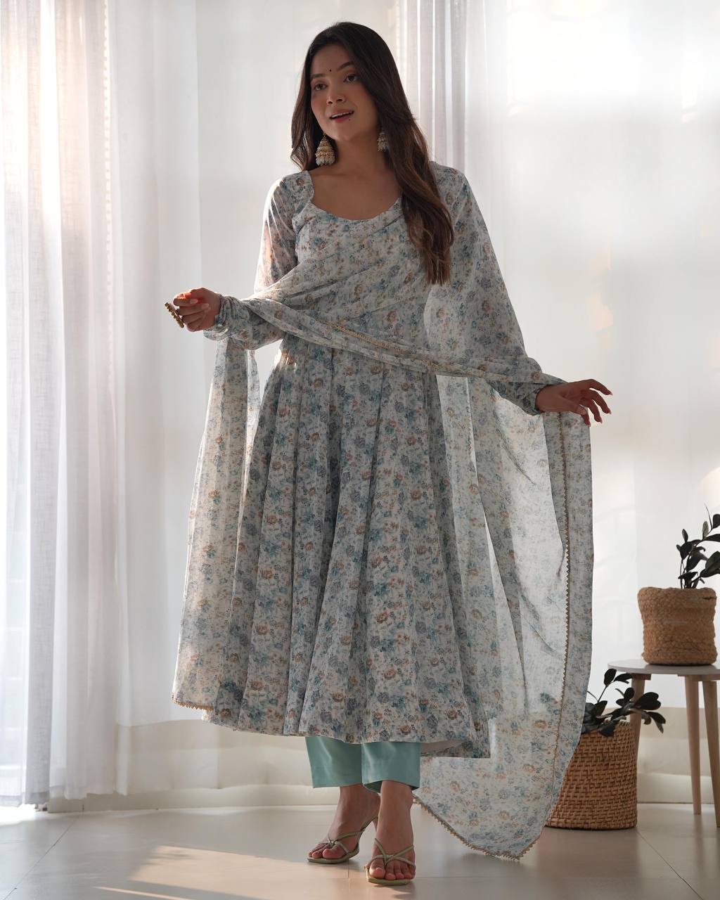 PURE CHIFFON FLORAL PRINT FABRIC FULLY FLAIR ANARKALI, WITH DUPPTA SET, PENT READY TO WEAR