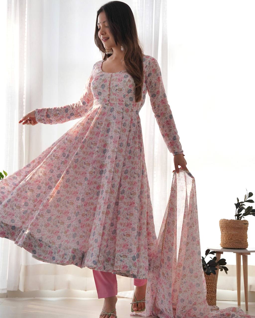 PURE CHIFFON FLORAL PRINT FABRIC FULLY FLAIR ANARKALI, WITH DUPPTA SET, PENT READY TO WEAR