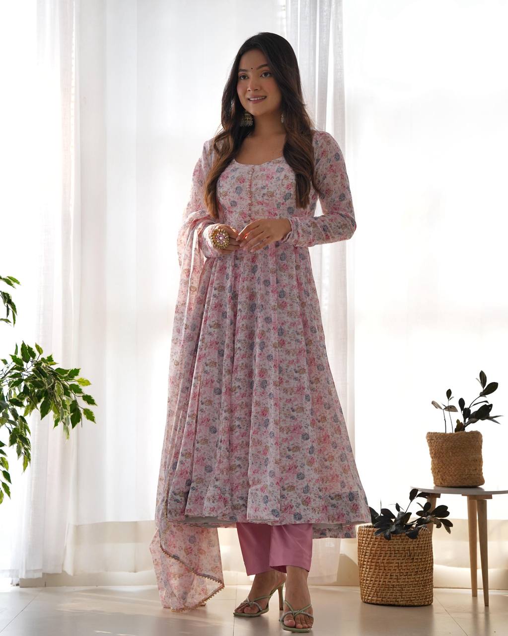 PURE CHIFFON FLORAL PRINT FABRIC FULLY FLAIR ANARKALI, WITH DUPPTA SET, PENT READY TO WEAR