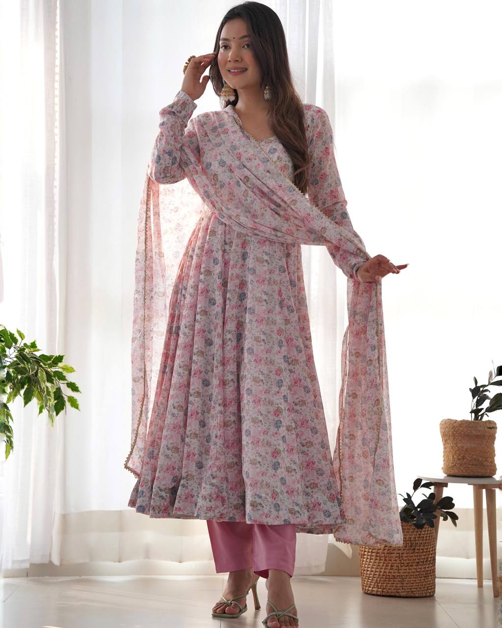 PURE CHIFFON FLORAL PRINT FABRIC FULLY FLAIR ANARKALI, WITH DUPPTA SET, PENT READY TO WEAR