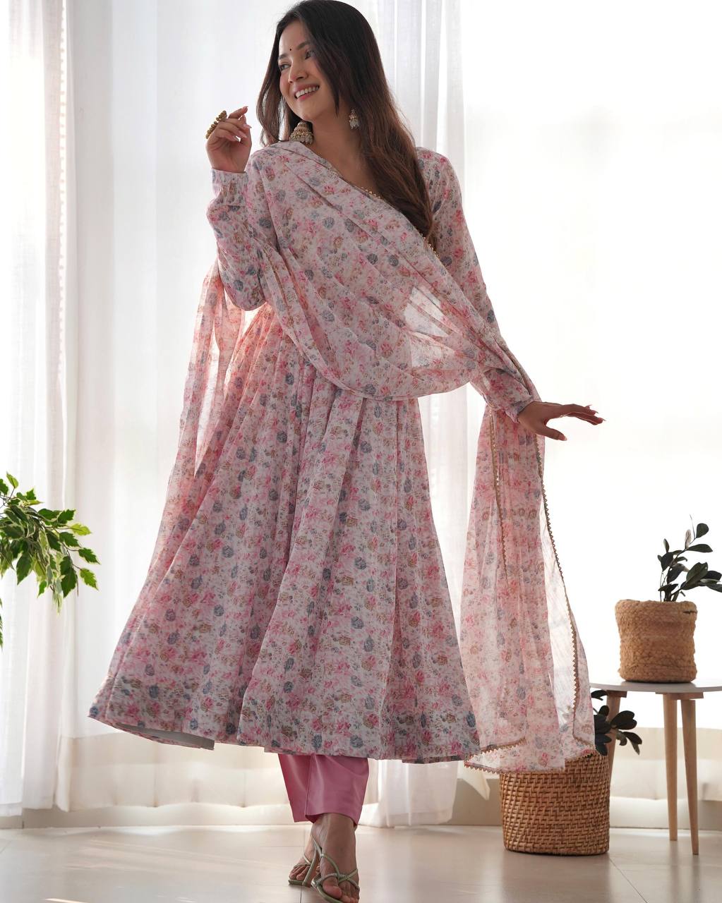 PURE CHIFFON FLORAL PRINT FABRIC FULLY FLAIR ANARKALI, WITH DUPPTA SET, PENT READY TO WEAR