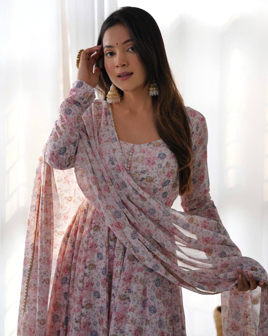 PURE CHIFFON FLORAL PRINT FABRIC FULLY FLAIR ANARKALI, WITH DUPPTA SET, PENT READY TO WEAR