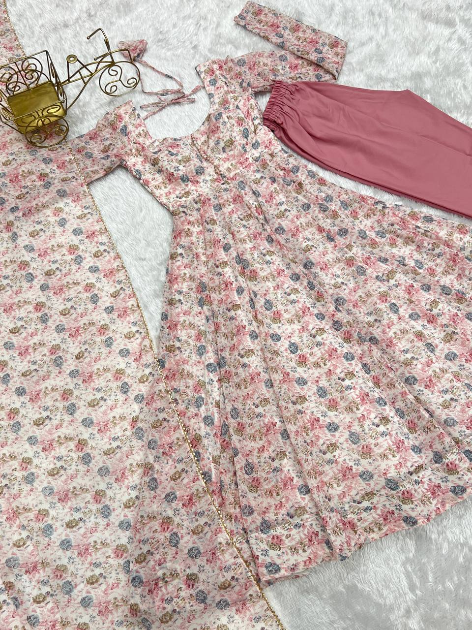 PURE CHIFFON FLORAL PRINT FABRIC FULLY FLAIR ANARKALI, WITH DUPPTA SET, PENT READY TO WEAR