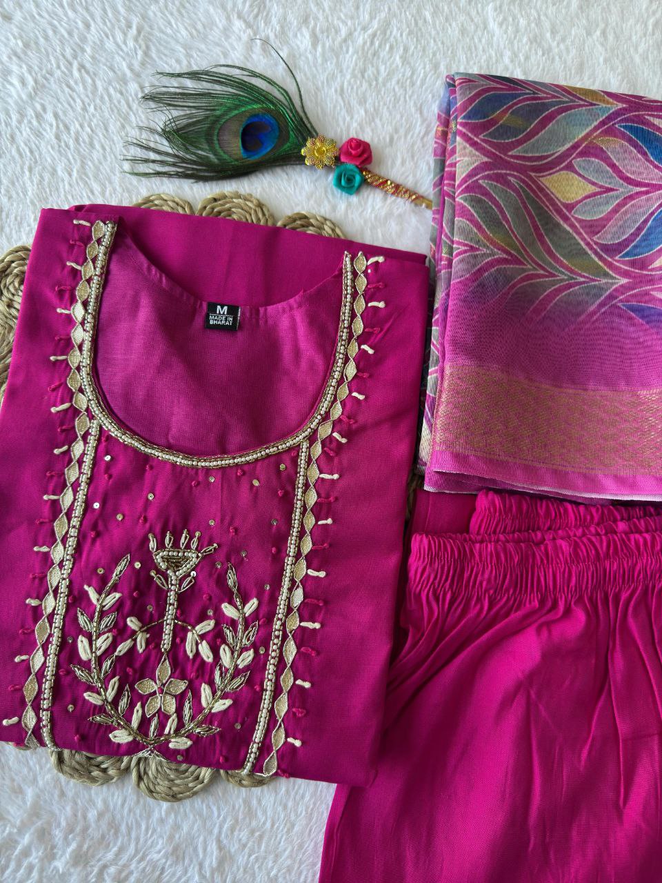 Designers Kurta Pent Set, Premium Roman Silk & Cotton Inner (Full), Neckline Hand Work, Dupatta Heavy Chanderi jacquard With Digital Print With Latkan