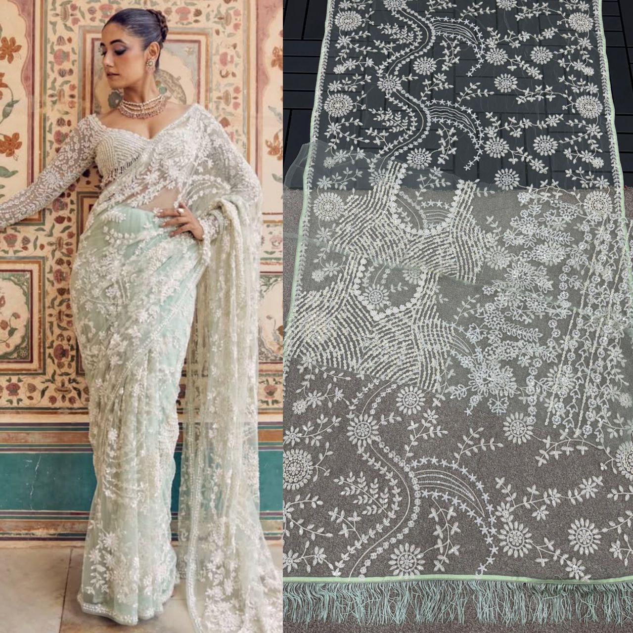 Premium Mono Net Saree with Heavy Multicolor Sequin Embroidery & Zalar Pallu