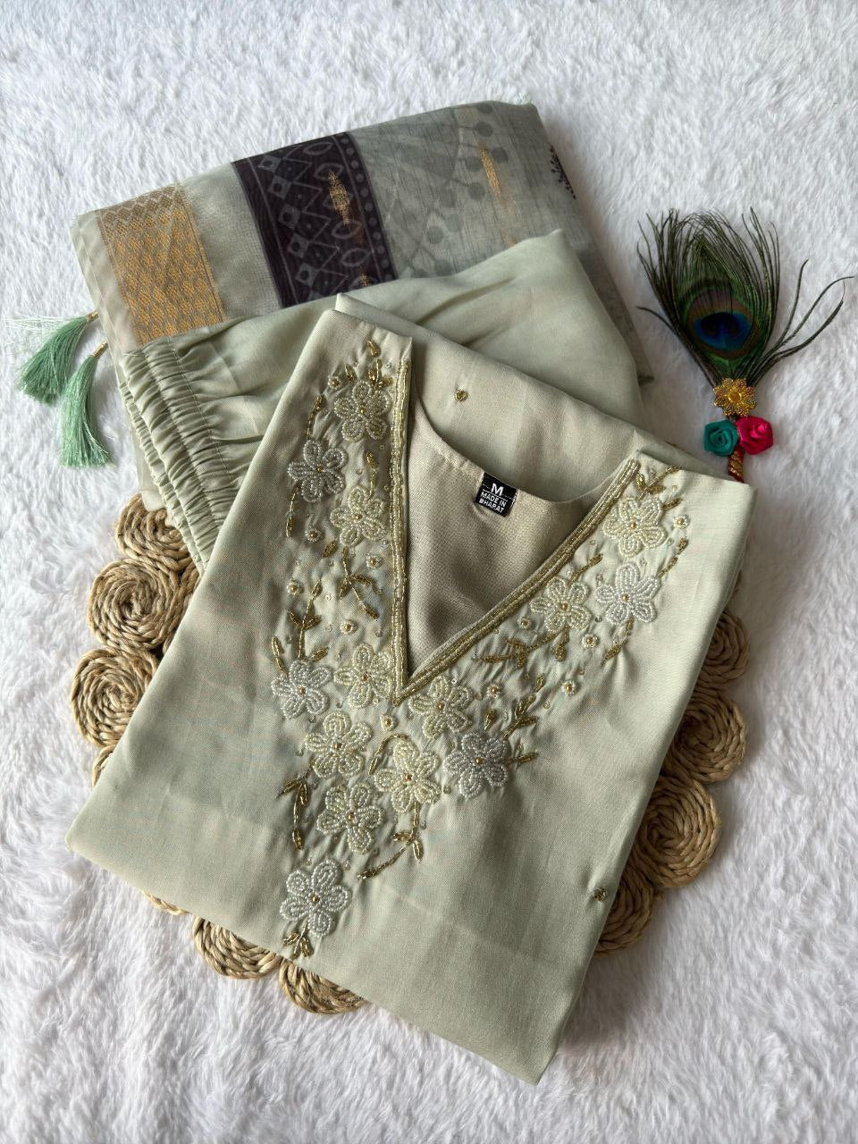 Designers Kurta Pent Set, Premium Roman Silk & Kurta Full Inner Cotton with Hand Work Neckline, Dupatta Heavy Chanderi jacquard With Digital Print With Latkan