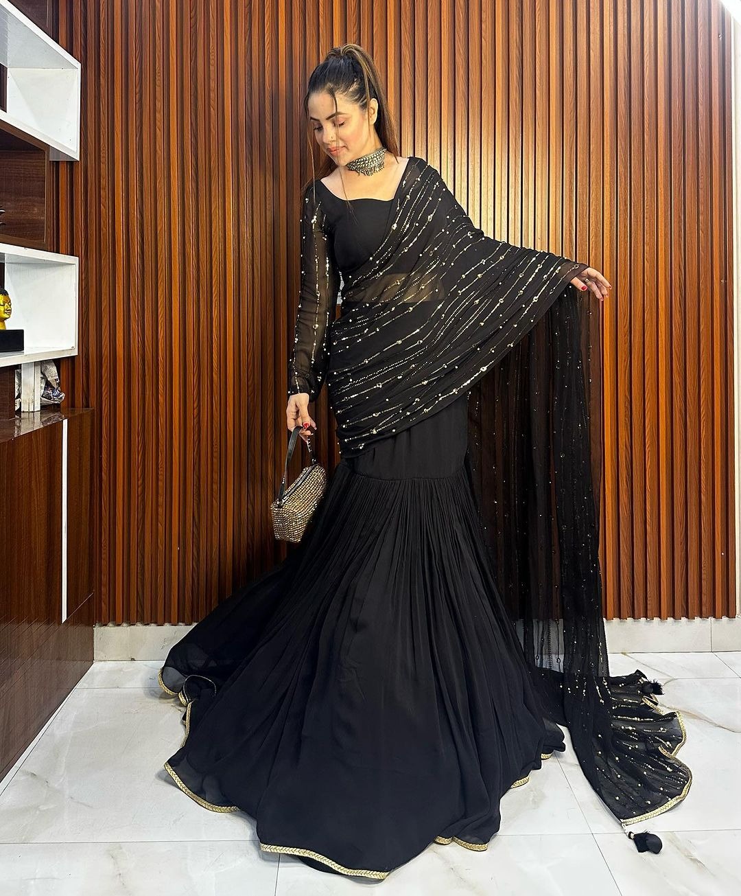 Women's Premium Designer Party Wear Georgette Ready To Wear Lehenga Saree