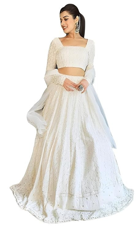 Blue Lucknowi Embroidery With Sequence Work Georgette Wedding Wear Lehenga Choli For Womens